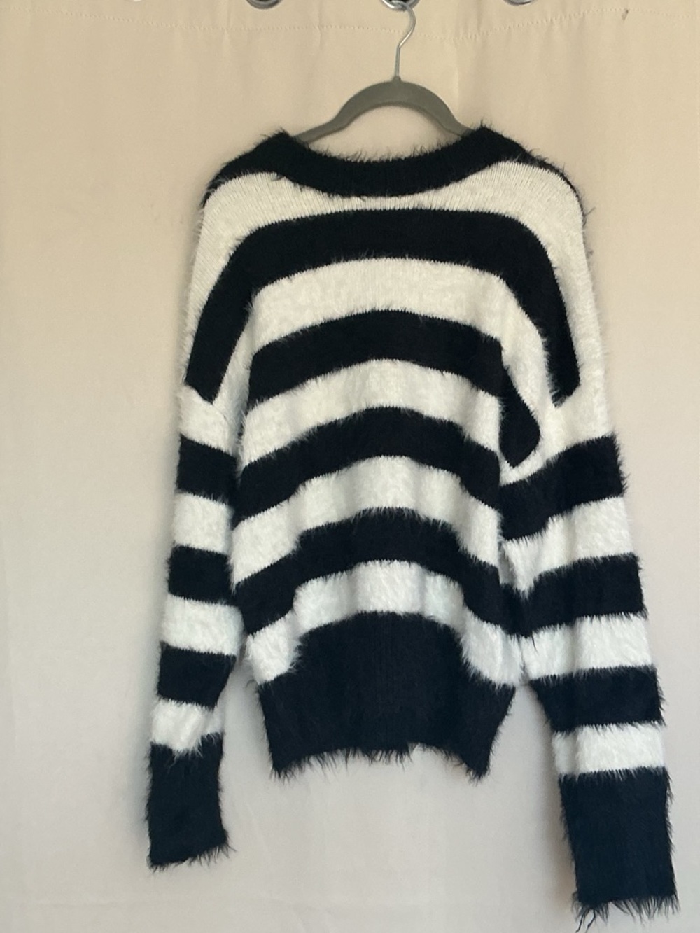 a new day Black and White Fuzzy Striped Crewneck Sweater